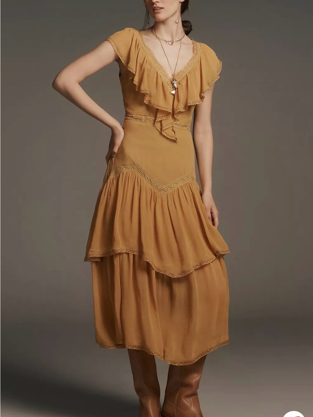 Anthropologie Mustard Ruffle Midi Dress -  Women Small Fall